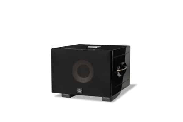 REL S/550 subwoofer in black with cloth grille, front three-quarter view