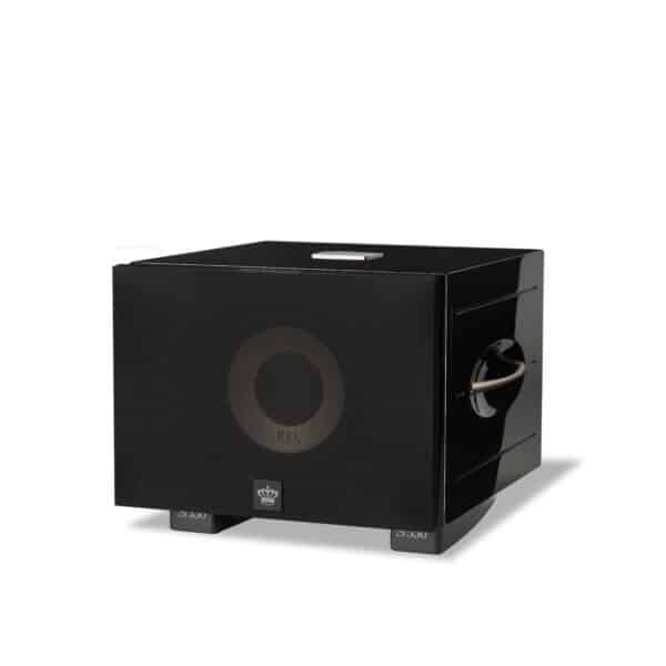 REL S/550 subwoofer in black with cloth grille, front three-quarter view