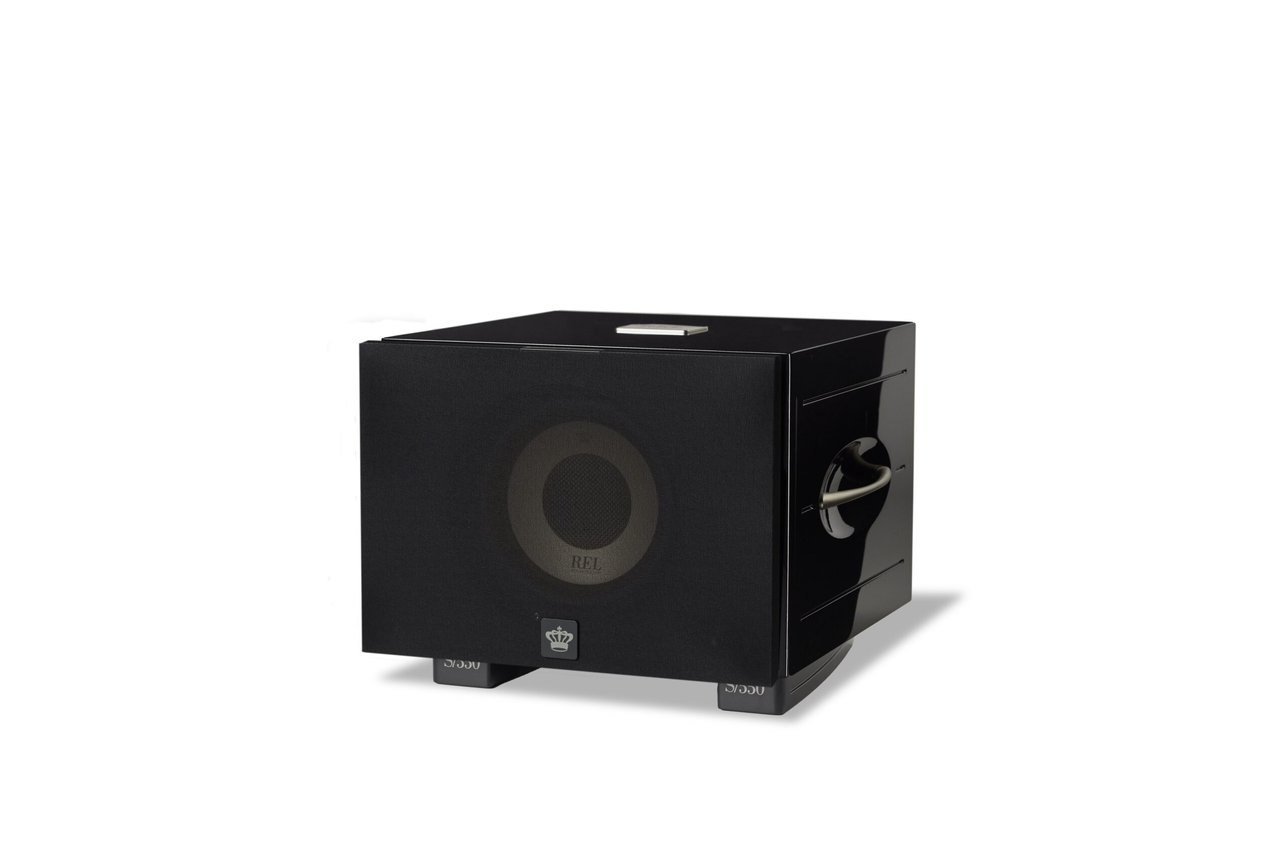 REL S/550 subwoofer in black with cloth grille, front three-quarter view